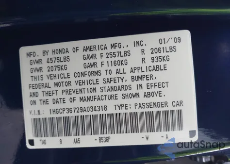 2009 Honda Accord 3.5 Ex from USA, damaged, VIN 1HGCP36729A034318